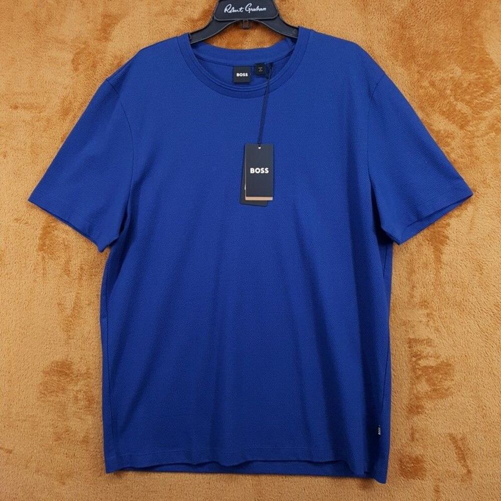 HUGO BOSS Shirt Mens XXL Blue Pullover Crew Waffle Knit T-Shirt Tee TIBURT